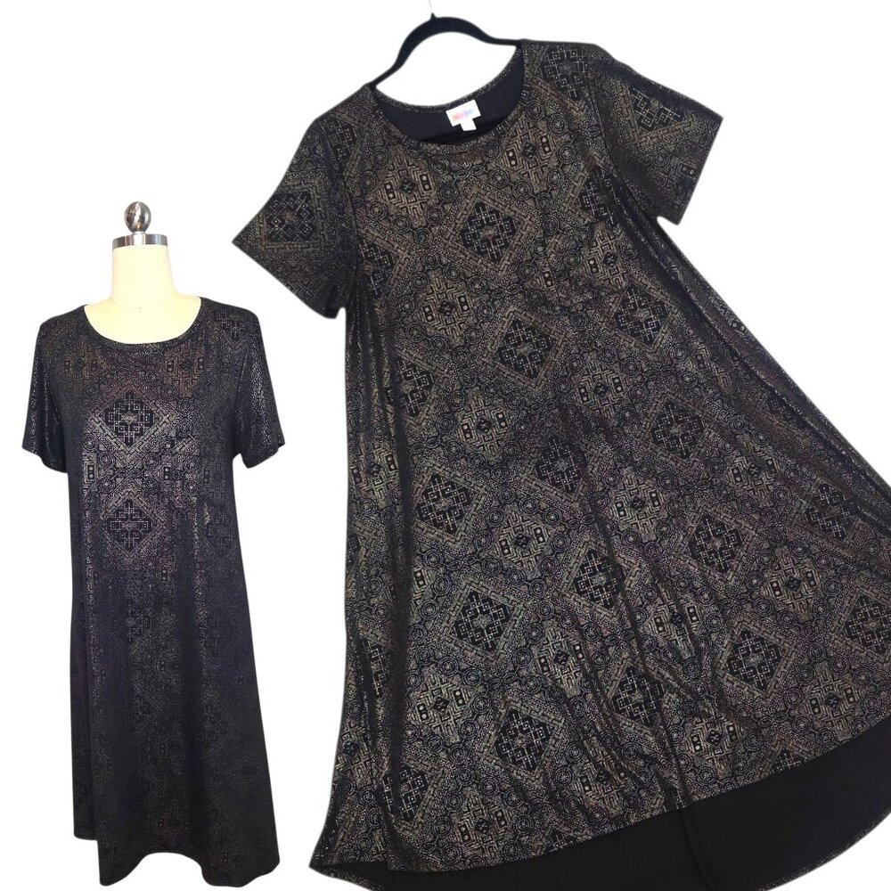 LuLaRoe Elegant Carly Dress L Black Metallic Gold Hi-Lo Hem A-Line Swing Holiday